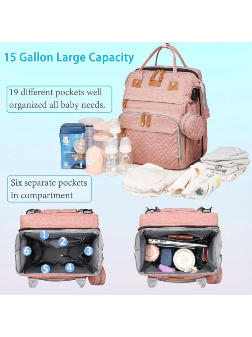 Waterproof Baby Diaper Bag Backpack with Changing Station & USB Port - Pink